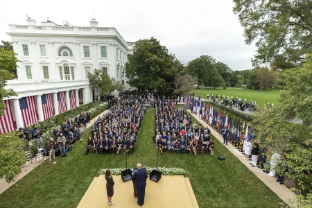 Calvary Church Senior Pastor Skip Heitzig (circled green) listens with other guests as Judge Amy Coney Barrett delivers remarks after President Donald J. Trump announced her as his nominee for Associate Justice of the Supreme Court of the United States Saturday, Sept. 26, 2020, in the Rose Garden of the White House.