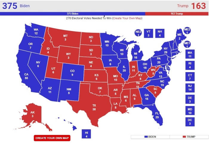 RealClearPolitics 'no toss ups map' predicting the results of the 2020 presidential election, accessed Oct. 5, 2020.