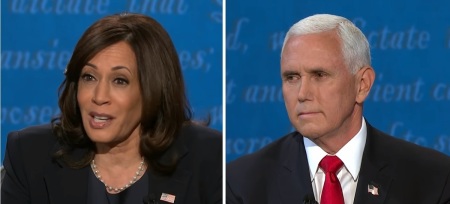 Vice President Mike Pence (R) and Democrat vice presidential nominee Kamala Harris (L) participate in the 2020 vice presidential debate in Salt Lake City, Utah on Oct. 7, 2020.