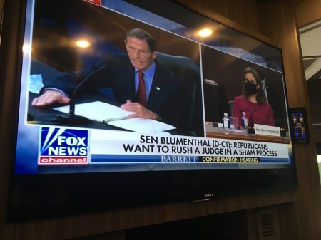 Members of Concerned Women for America watch Amy Coney Barrett's confirmation hearings on the