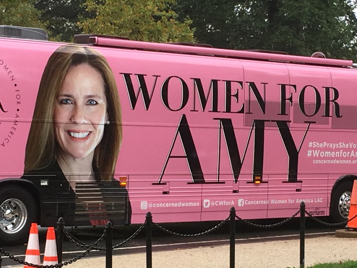 Concerned Women for America's 'Women for Amy' bus is parked in Washington D.C. on Oct. 12, 2020. 