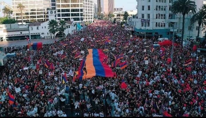 Thousands of demonstrators march in the streets of Los Angeles, California, on Oct. 11, 2020, in opposition to Azerbaijan's military actions in the Armenian-run region of Nagorno-Karabakh. 
