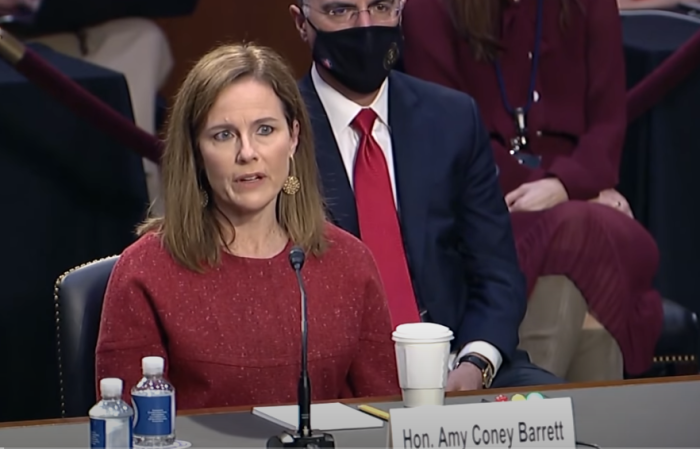 Judge Amy Coney Barrett answers a question from Sen. Dick Durbin, D-Ill., about the George Floyd video on the second day of her confirmation hearings, Oct. 13, 2020. 