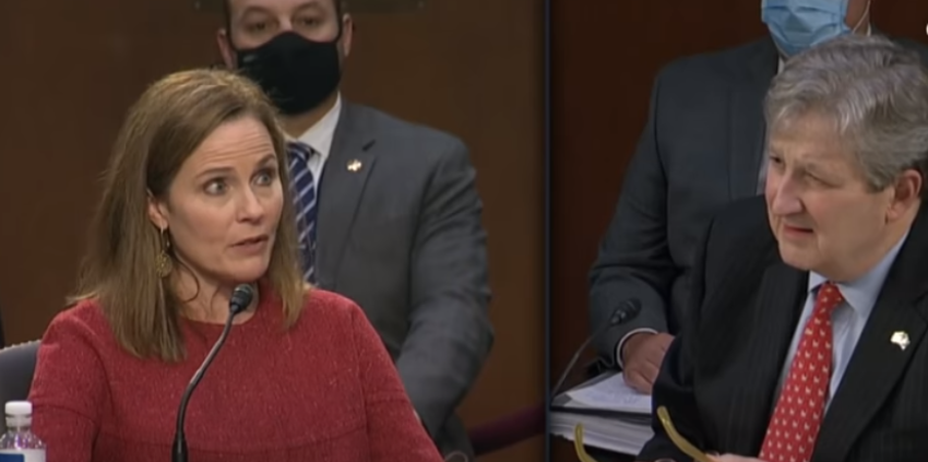 U.S. Supreme Court nominee Judge Amy Coney Barrett responds to comments from Boston University professor Ibram X. Kendi, who called her a "white colonizer" for adopting two Haitian children, during an exchange with Sen. John Kennedy, R-La., at her confirmation hearings on Oct. 13, 2020. 