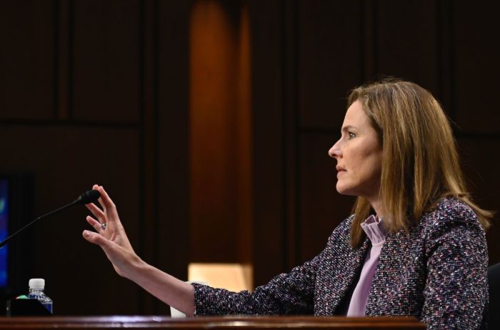 Supreme Court nominee Judge Amy Coney Barrett testifies before the Senate Judiciary Committee on the third day of her Supreme Court confirmation hearing on Capitol Hill on October 14, 2020 in Washington, DC. 