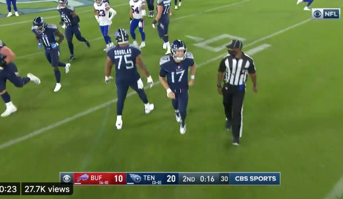 Tennessee Titans quarterback Ryan Tannehill is seen after scoring a touchdown, Oct. 13, 2020.