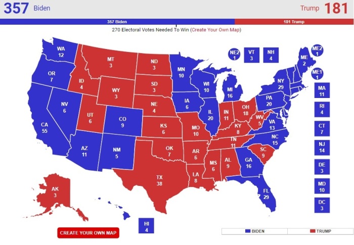 RealClearPolitics 'no toss ups map' predicting the results of the 2020 presidential election, accessed Oct. 19, 2020.