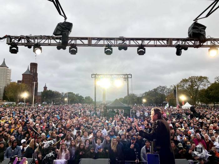 Pastor Jentezen Franklin speaks to tens of thousands of people at the National Mall for Let Us Worship night, Oct. 25, 2020. 