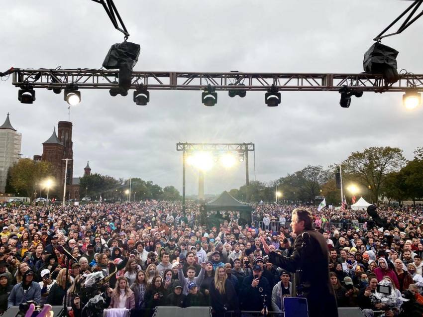 Pastor Jentezen Franklin speaks to tens of thousands of people at the National Mall for Let Us Worship night, Oct. 25, 2020.
