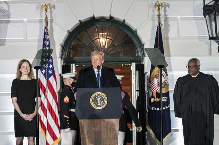 President Donald J. Trump delivers remarks during the swearing-in ceremony for Amy Coney Barrett as Associate Justice of the U.S. Supreme Court Monday, Oct. 26, 2020, on the South Lawn of the White House. 