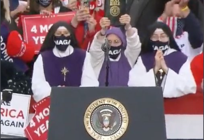 Three Catholic nuns attend a Trump rally in Circleville, Ohio, Oct. 24, 2020.