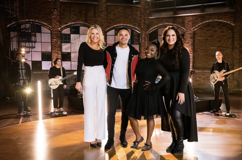 (L to R) Jenn Johnson, Tauren Wells, Jekalyn Carr and Christine D' Clario onstage after filming their performance for the 2020 Dove Awards at TBN Studios on September 17, 2020 in Hendersonville, Tennessee.