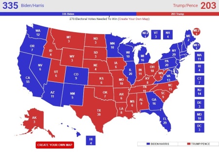 RealClearPolitics "no toss ups map" predicting the results of the 2020 presidential election, accessed Nov. 2, 2020.