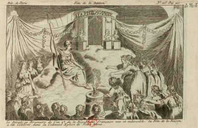 An illustration of the Festival of Reason, a French Revolution observance aimed at worshipping reason and celebrating the secularization of the country. 