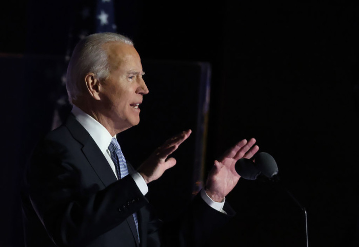 Joe Biden makes a victory speech from the Chase Center after the media declares him the winner of the 2020 presidential election against President Donald Trump on November 07, 2020, in Wilmington, Delaware.