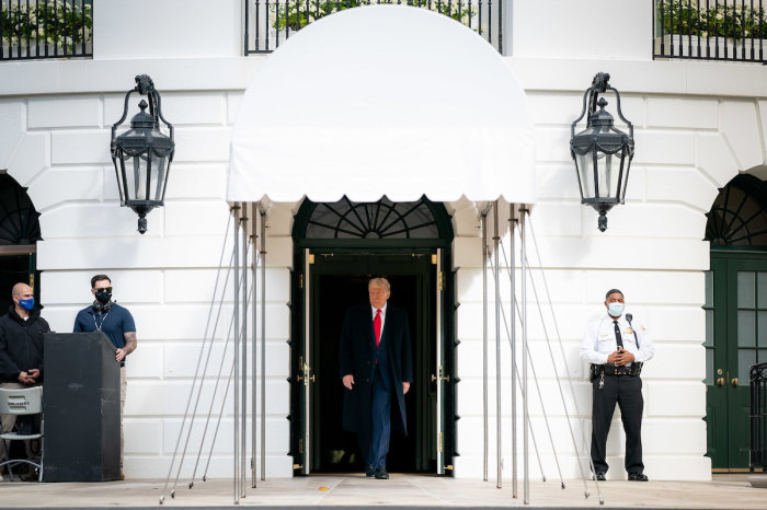 President Donald J. Trump exits the South Portico of the White House Friday, Oct. 30, 2020.