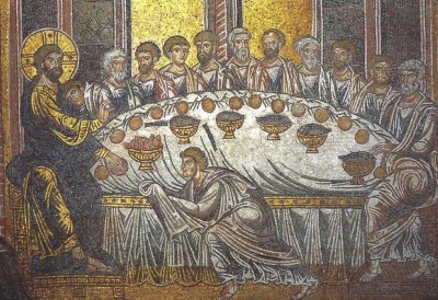 This ancient mosaic depicts the Last Supper, which contributed in to the superstition surrounding the number 13. There were 13 guests, the last being Judas Iscariot, shown at the mosaic's bottom receiving the bread that Jesus dipped (John 13:18-30).