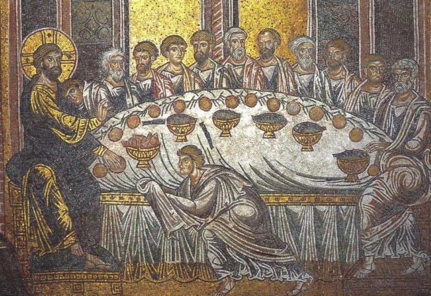 This ancient mosaic depicts the Last Supper, which contributed in to the superstition surrounding the number 13. There were 13 guests, the last being Judas Iscariot, shown at the mosaic's bottom receiving the bread that Jesus dipped (John 13:18-30).