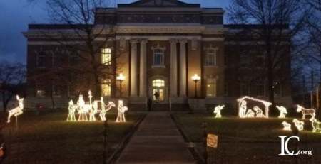 The Jackson County courthouse in Brownstown, Indiana, adorned with its annual Christmas display.