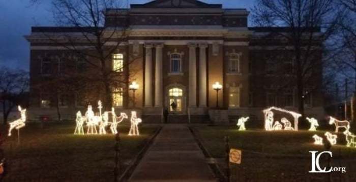 The Jackson County courthouse in Brownstown, Indiana, adorned with its annual Christmas display. 