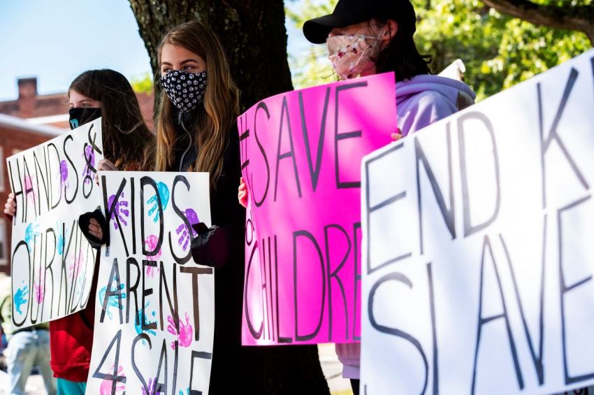 Demonstrators in Keene, New Hampshire, gather at a "Save the Children Rally" to protest child sex trafficking and pedophilia around the world, on September 19, 2020.