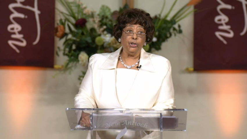 Barbara McCoo Lewis, General Supervisor of the International Women’ Department, preaching the closing message of "COGIC Family Thanksgiving." The appearance is unusual because the predominantly African American denomination does not ordain women or allow them to be pastors.