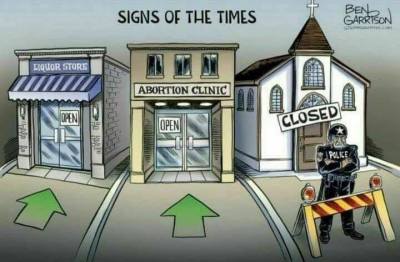 The Church of God in Manitoba posted this cartoon to its Facebook post after it was fined $5,000 for holding an in-person service.