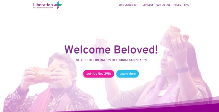 The homepage of the website for the Liberation Methodist Connexion (LMX), a progressive Methodist denomination whose creation was announced in November 2020. 