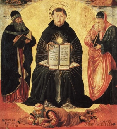 A 15th century depiction of Saint Thomas Aquinas (1225-1274), the notable Catholic Church intellectual and writer. 