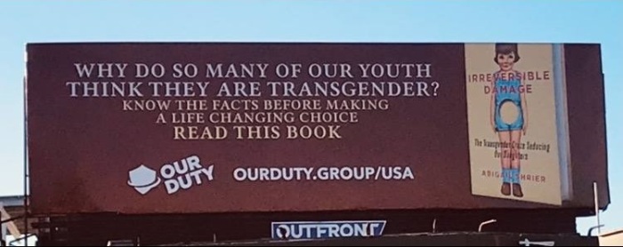 A billboard warning against transgender medical practices was taken down after having been erected on Dec. 6, 2020, near Kaiser West-LA. 