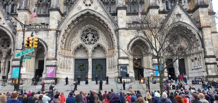 The scene outside the Cathedral of St. John the Divine in Manhattan, N.Y., just minutes before police killed a man who opened fire on Sunday, December 13, 2020.