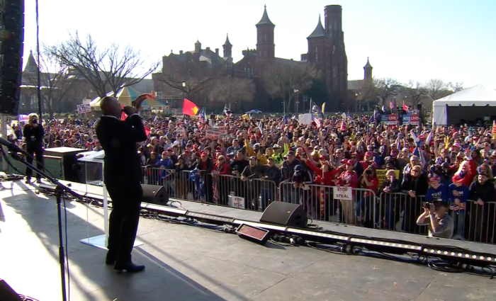 Bishop Leon Benjamin speaks to the crowd at the Let the Church ROAR rally, organized by Jericho March and Stop the Steal, on Dec. 12, 2020, in Washington, D.C.