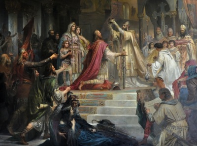 Charles the Great, more commonly known as Charlemagne, being crowned the first emperor of the Holy Roman Empire by Pope Leo III on Christmas, AD 800. 