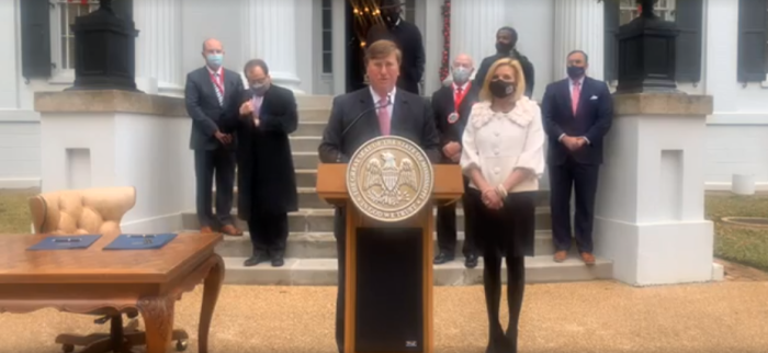 Gov. Tate Reeves, R-Miss., announces a day of prayer, humility, and fasting during a Facebook Live video, Dec. 16, 2020.