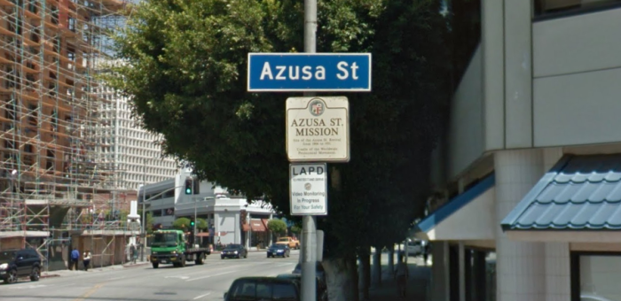 A sign at 312 Azusa Street in Downtown Los Angeles commemorates the site of the Azusa Street Revival, which birthed the Pentecostal movement. 