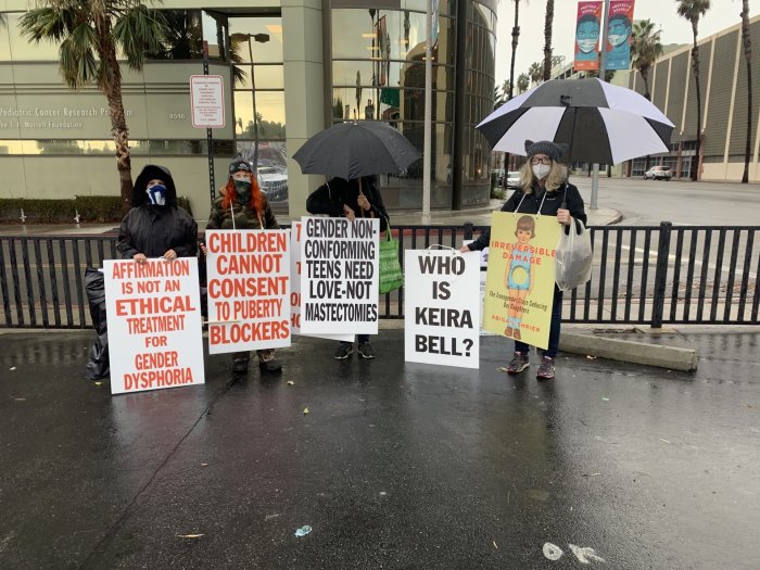 Parents protest gender-transitioning children outside Children's Hospital Los Angeles on Monday, December 28, 2020. 