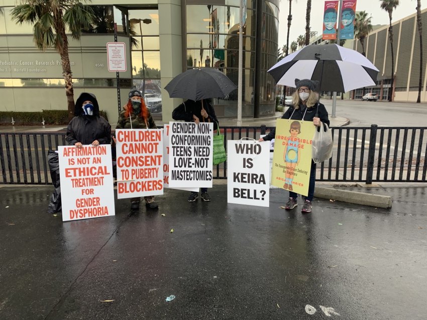 Parents protest gender-transitioning children outside Children's Hospital Los Angeles on Monday, December 28, 2020.