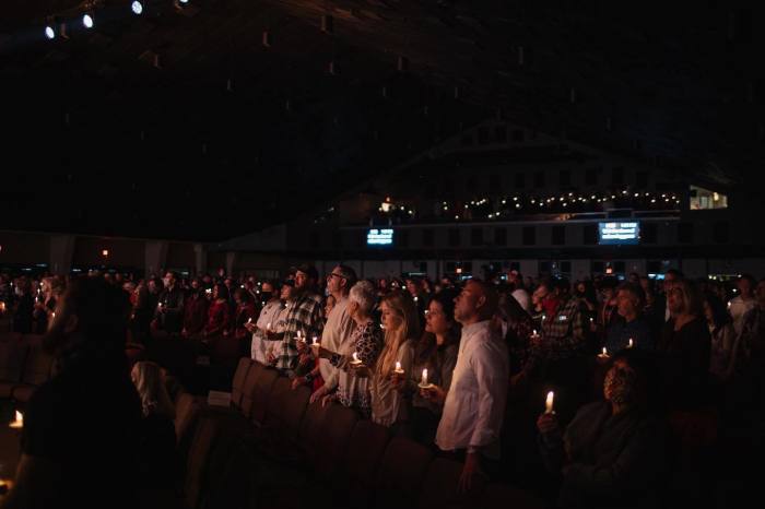 Members of Calvary Church in Albuquerque, New Mexico, gather for Christmas Eve service, Dec. 24, 2020.