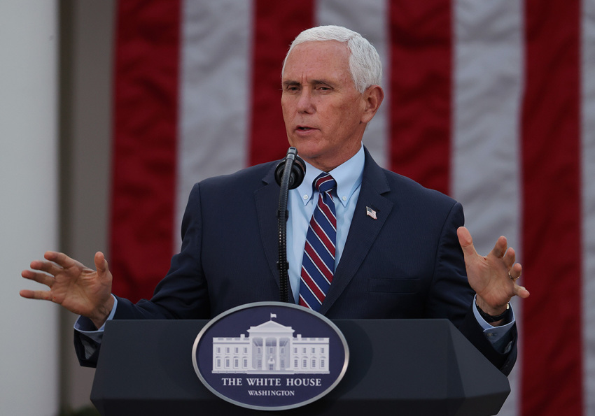 U.S. Vice President Mike Pence, speaks about Operation Warp Speed with U.S. President Donald Trump in the Rose Garden at the White House on November 13, 2020, in Washington, D.C.