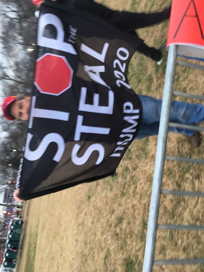 Kelly Edwards, a Trump supporter from Salt Lake City, Utah, holds a 'Stop the Steal' flag at the Save America March in Washington, D.C., Jan. 6, 2021.