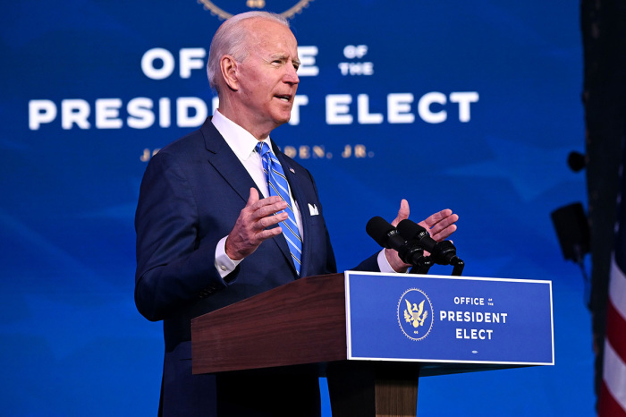 US President-elect Joe Biden delivers remarks on the public health and economic crises at The Queen Theater in Wilmington, Delaware, on January 14, 2021. 