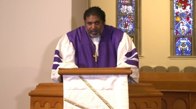 Bishop William J. Barber II, the co-chair of the Poor People's Campaign, preaches a homily as part of the Washington National Cathedral's virtual presidential inaugural prayer service on Thursday, Jan. 21, 2021. 