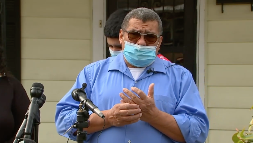 Jose Chicas speaks to the media outside St. John's Missionary Baptist Church in North Carolina, January 2021.
