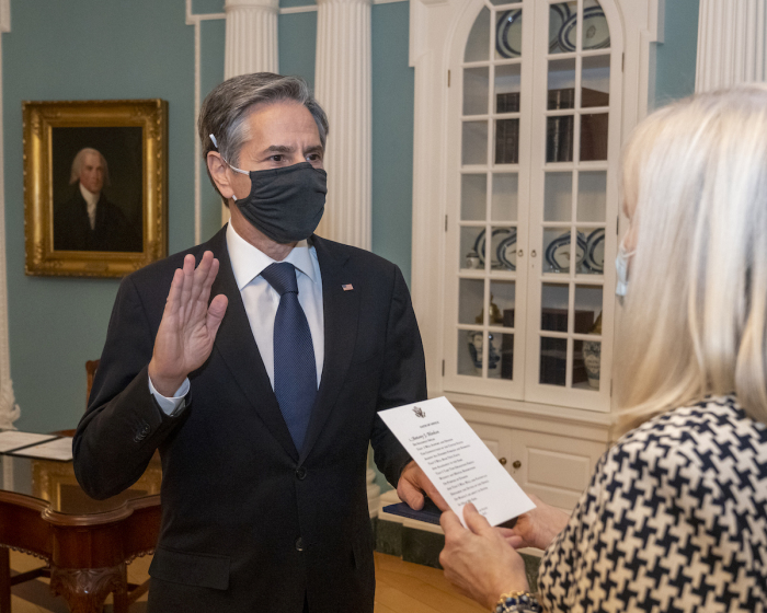 Secretary of State Antony Blinken is sworn in as the 71st U.S. Secretary of State by Acting Under Secretary of State for Management Carol Z. Perez at the U.S. Department of State in Washington, D.C., on January 26, 2021. 