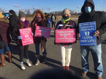 Rebecca Kiessling attends the Life Chain in Arlington, Virginia with her daughter Carina, friend Christy Larson and Christy's friend Tom, Jan. 29, 2021. Kiessling is the president of the pro-life organization Save the 1.