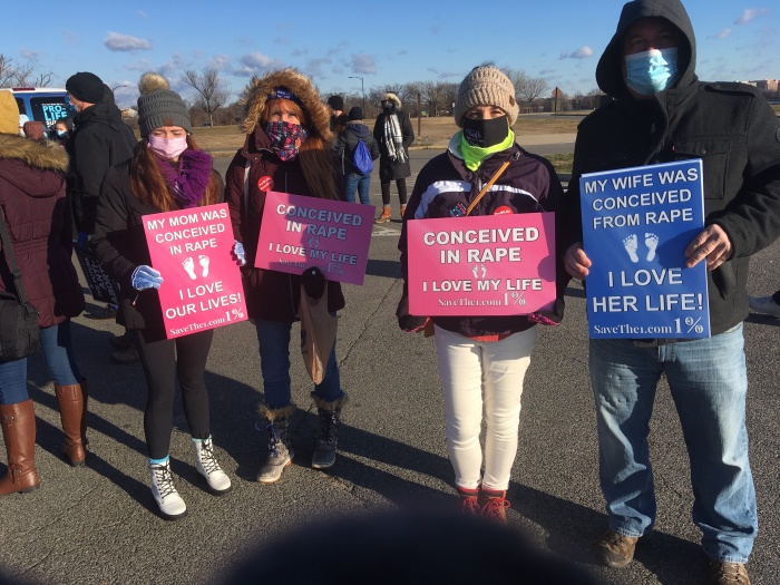 Rebecca Kiessling attends the Life Chain in Arlington, Virginia with her daughter Carina, friend Christy Larson and Christy's friend Tom, Jan. 29, 2021. Kiessling is the president of the pro-life organization Save the 1. 