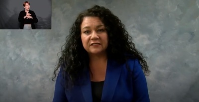 Angie Hatton, Kentucky House Minority Whip and Democrat, speaks at the virtual March for Life event on Friday, Jan. 29, 2021, with a sign language interpreter on a separate live feed. 