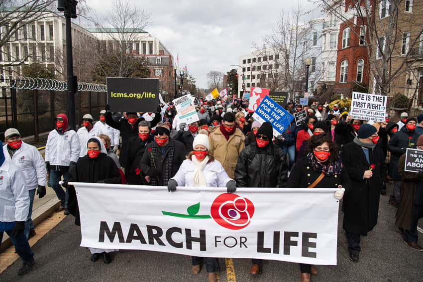 Pro-life activists participate in the "March for Life," an annual event to mark the anniversary of the 1973 Supreme Court case Roe v. Wade, which legalized abortion in the U.S., outside the U.S. Supreme Court in Washington, D.C., January 29, 2021.