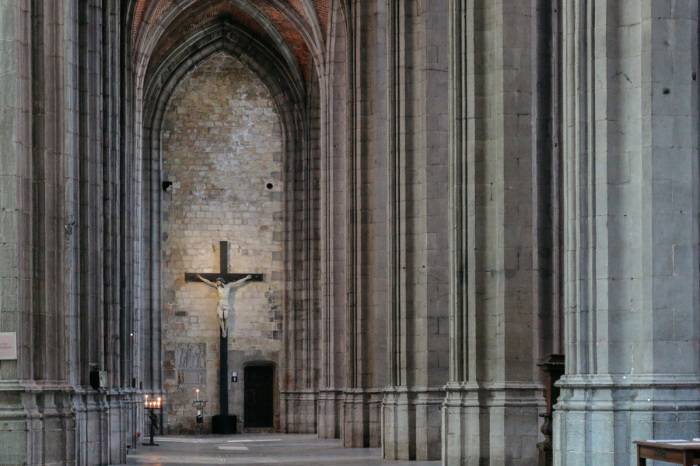 The Gothic interior of the Collegiate Church of St. Waudru in Mons, Belgium. 