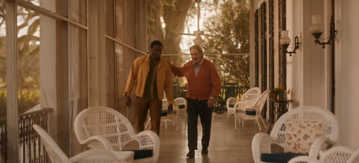 Jim Brown (L) played by actor Aldis Hodge and Mr. Carlton played by actor Beau Bridges in a scene from Amazon's 'One Night in Miami' directed by Regina King.